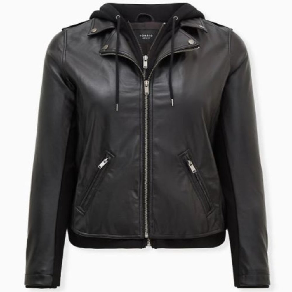 *NWT* BLACK MIXED MEDIA HOODED MOTO JACKET